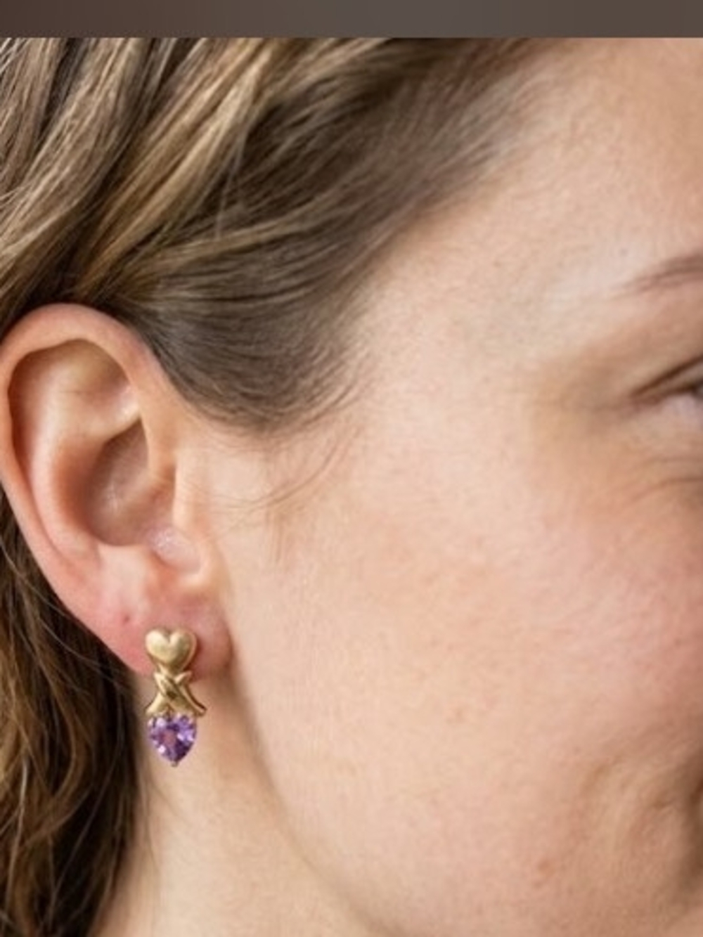 Gold Heart Drop Earrings with Purple Gemstone